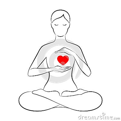 Woman is sitting in lotus position and holding hands near her heart Vector Illustration