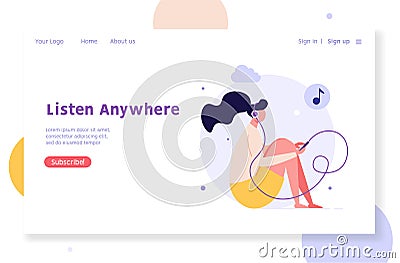 Woman Sitting with Phone Choosing or Listening Podcasts in Mobile App. Audio Podcast. Concept of Online Podcasting, Online Radio Vector Illustration