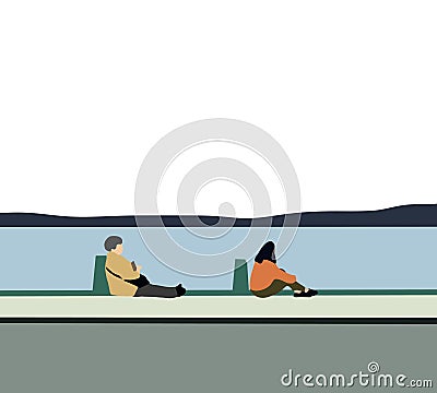 Woman sitting relaxed on Bridge walls near river with mountain view holiday or weekend trip. Vector Illustration