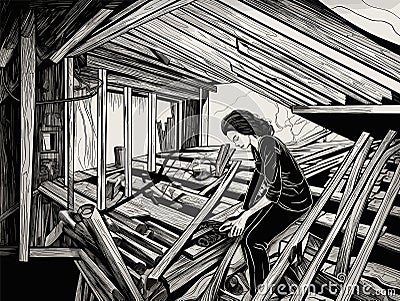 A Woman Sitting On A Roof Of A House - a woman working intensive on a house constructio Vector Illustration