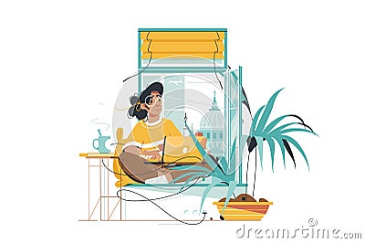 Woman sitting on sill Vector Illustration