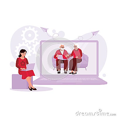 The woman is sitting on the sofa, making video calls with her grandparents to catch up with their homesickness. Vector Illustration