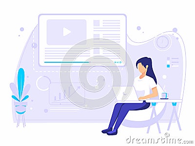Woman sitting on sofa working with laptop. homework. flat vector illustration Vector Illustration