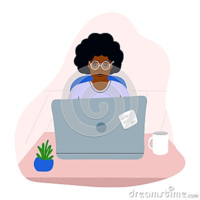 Woman sitting at the table with laptop.Freelance concept, work, study from home. Vector Illustration