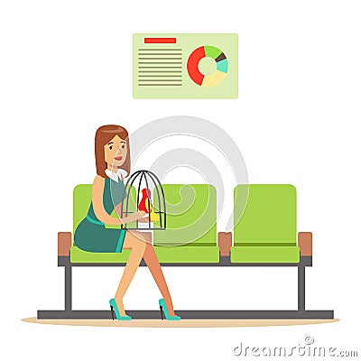 Woman sitting in waiting hall with her parrot in a cage and expecting for visiting a doctor. Colorful cartoon character Vector Illustration