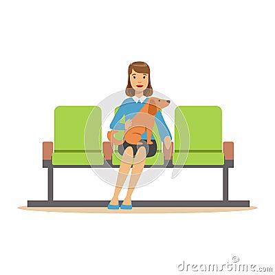 Woman sitting in waiting hall with her pet dog and expecting for visiting a doctor. Colorful cartoon character Vector Illustration