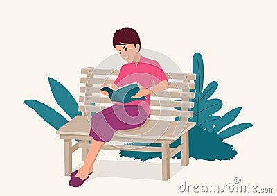 Woman sitting on wooden bench while concentrated reading a book Vector Illustration