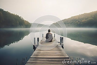 Woman sitting on a wooden pier on a lake in the misty morning. Generative AI Stock Photo