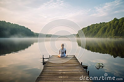 Woman sitting on a wooden pier on a lake in the misty morning. Generative AI Stock Photo