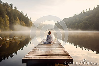 Woman sitting on a wooden pier on a lake in the misty morning. Generative AI Stock Photo