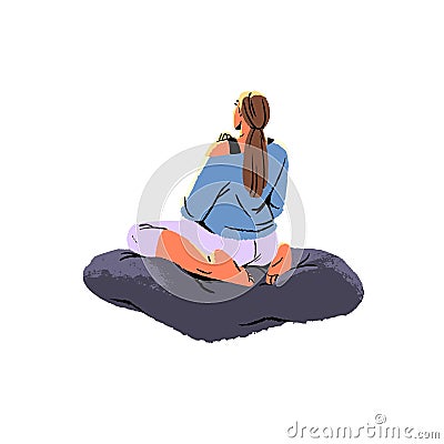 Woman sitting in yoga pose on pillow back view. Vipassana meditation, spiritual practice. Person relax in retreat Vector Illustration