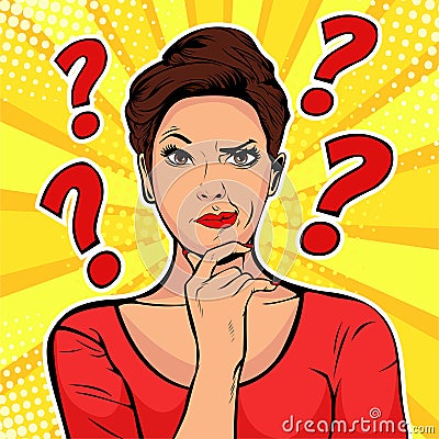 Woman skeptical facial expressions face with question marks upon head. Pop art retro illustration Vector Illustration