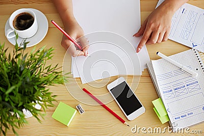 Woman sketching design, top view Stock Photo