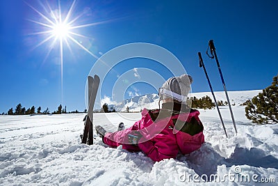 Woman skier enjoy in winter sunny day Stock Photo