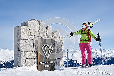 Woman skier at the start of Black Diamond ski slope in Arosa - Lenzerheide ski resort, a popular black piste. Arosa, Switzerland Editorial Stock Photo