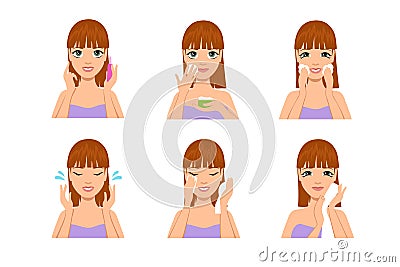 Woman skin care. Cartoon beautiful girl cleaning and washing face with water and soap after makeup. Beauty body Vector Illustration