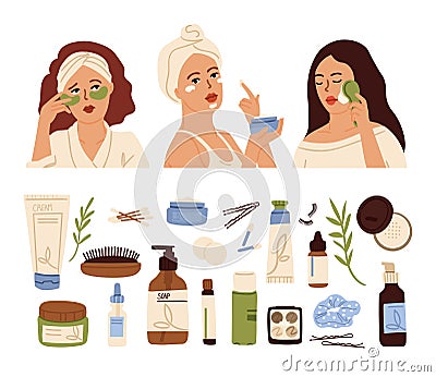 Woman skin care. Young face, korean cosmetic for skincare. Doodle cream bottle, girl use moisture foam. Beauty routine Vector Illustration