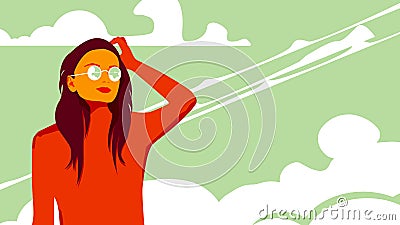 Woman on a sky background. Pop art retro poster in 80s style. Vector Illustration