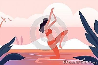 woman yoga female sea person ocean back exercise meditation relaxation lotus. Generative AI. Stock Photo