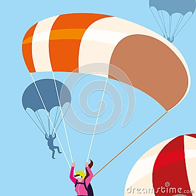 woman skydiver in air with parachute open Cartoon Illustration