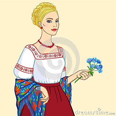 Woman of Slavic appearance in ancient clothes, a portrait isolated on a beige background Vector Illustration