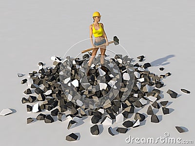 Woman with a sledgehammer standing on a debris Stock Photo