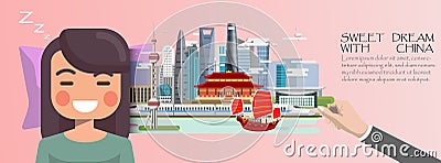Woman sleep . Sweet dream with Shanghai travel concept.China inf Vector Illustration