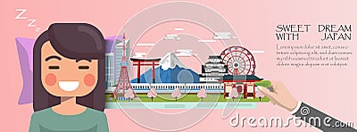 Woman sleep . Sweet dream with Tokyo concept.Japan infographic Vector Illustration