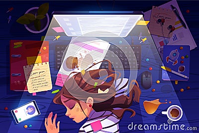 Woman sleep on workplace at night top view burnout Vector Illustration
