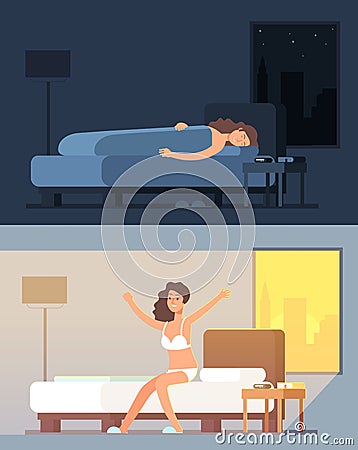 Woman sleeping and dreaming in bed at night and waking up in morning cartoon vector concept Vector Illustration