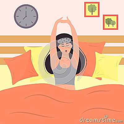 Woman in sleeping mask is waking up and yawning. Vector Illustration