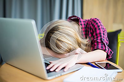 Woman sleeping office worker break digital device concept Stock Photo