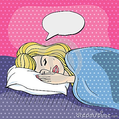 Woman sleeping on pillow in pop art retro comic style. Vector young woman dreaming, relaxing in bed Vector Illustration