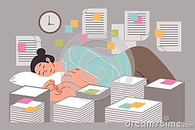 Woman sleeps in office among documents due to overwork caused by abundance paperwork and deadlines Vector Illustration