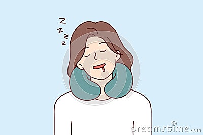 Woman sleeps using neck pillow while traveling and experiences comfort thanks to travel cushion Vector Illustration