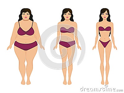 Woman slimming, fat slim girl, female weight loss Vector Illustration