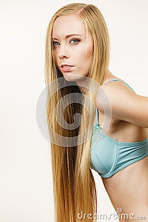 Woman small breast wearing bra Stock Photo