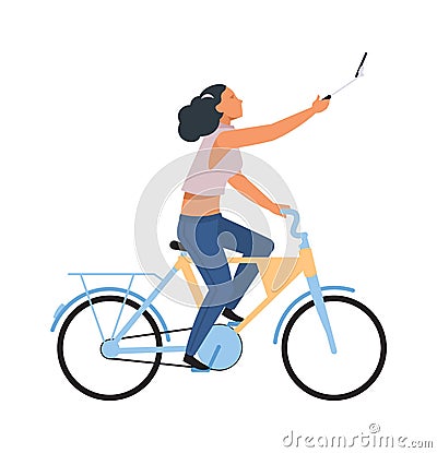 Woman with smartphone on bike. Cartoon riding girl making selfie on phone, simple character healthy leisure lifestyle Vector Illustration