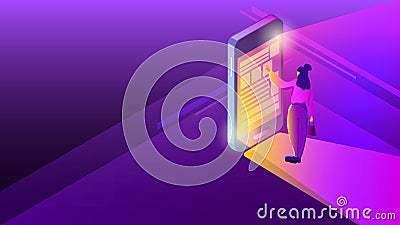 Woman with smartphone in isometric style. Female searching for something in mobile phone. Vector Illustration