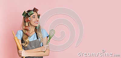 Woman smeared with flour looks at empty space Stock Photo