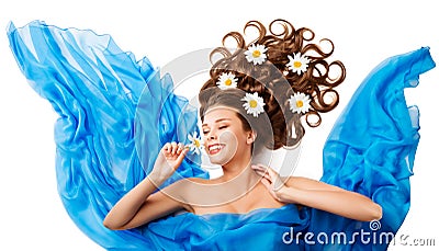 Woman Smelling Flower, Happy Girl Flowers Hair Style in Cloth Stock Photo