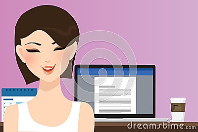 Woman smile in front of computer working in office home as copy writer illustration of beautiful happy girl or student Vector Illustration