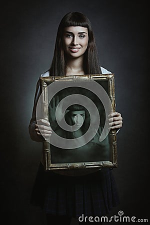 Woman smiles but her soul is trapped Stock Photo