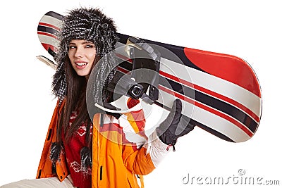 Woman smiling skier girl wearing fur vest ski googles. Stock Photo