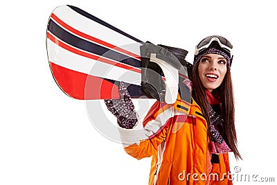 Woman smiling skier girl wearing fur vest ski googles. Stock Photo