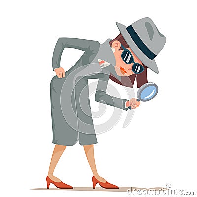 Woman snoop detective magnifying glass tec search help noir cartoon female cartoon character isolated design vector Vector Illustration