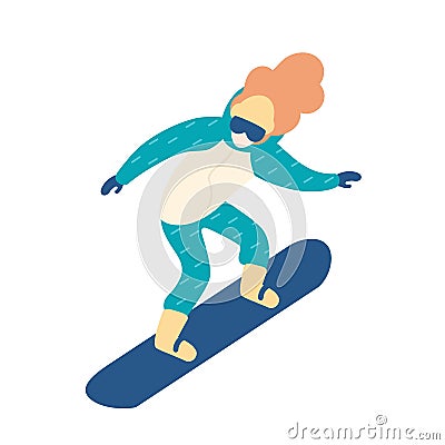 Woman in snow suit snowboarding. Female snowboarder with long hair. Winter extreme sports and recreational activity Vector Illustration