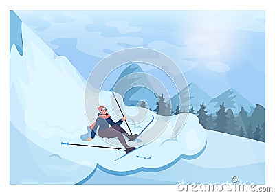 Woman in a snowdrift. Skier fell down from a slope. Ski newbie failure. Vector Illustration
