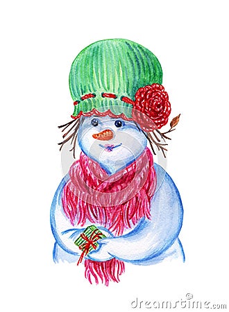 Woman-snowman in hat and scarf with gift, watercolor Stock Photo