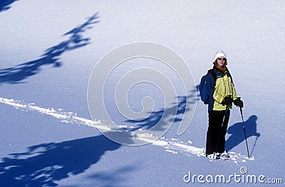 Woman Snowshoeing Winter Snow Path Stock Photo